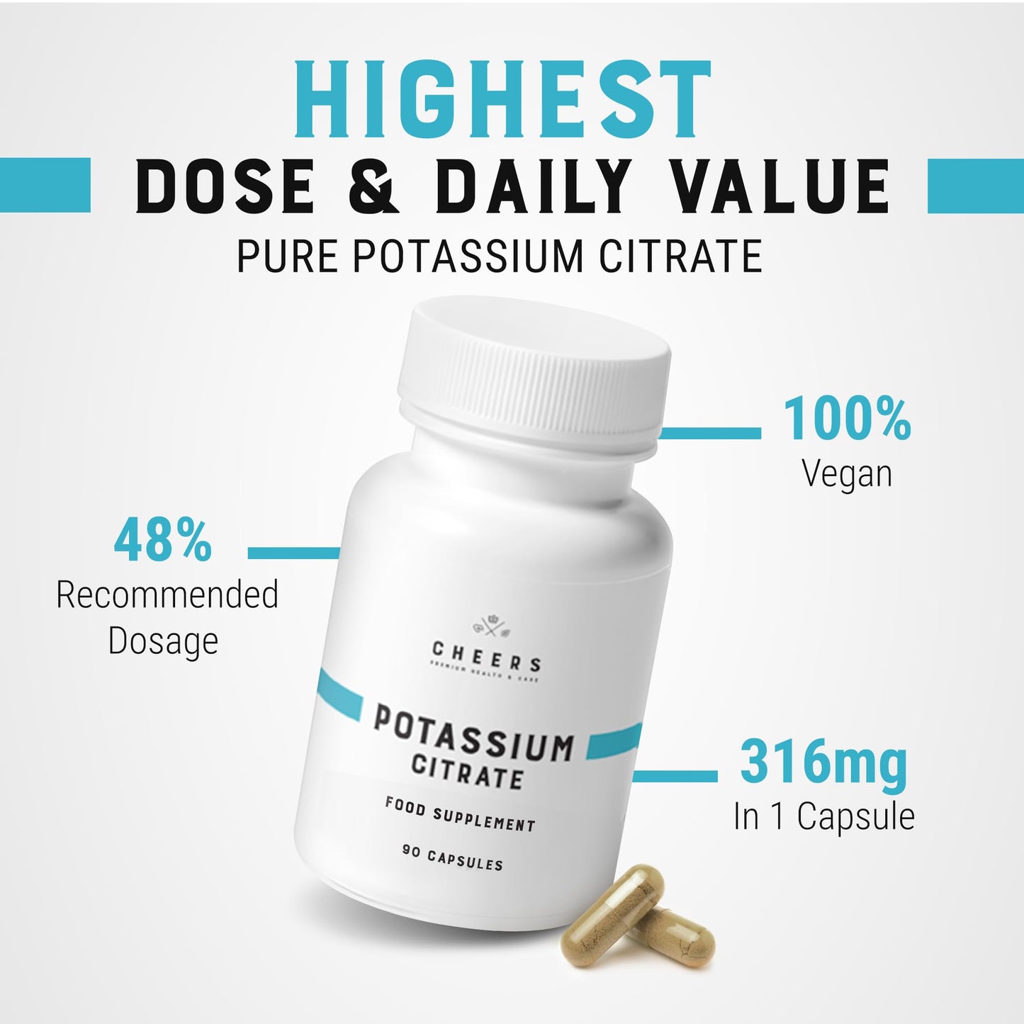 Cheers Potassium Citrate, 48% Daily Value, 316 mg per Capsule, 90 Capsules, Supports Cardiovascular and Blood Pressure Health, Vegan Potassium Supplement for Adults, Natural Mineral Electrolyte
