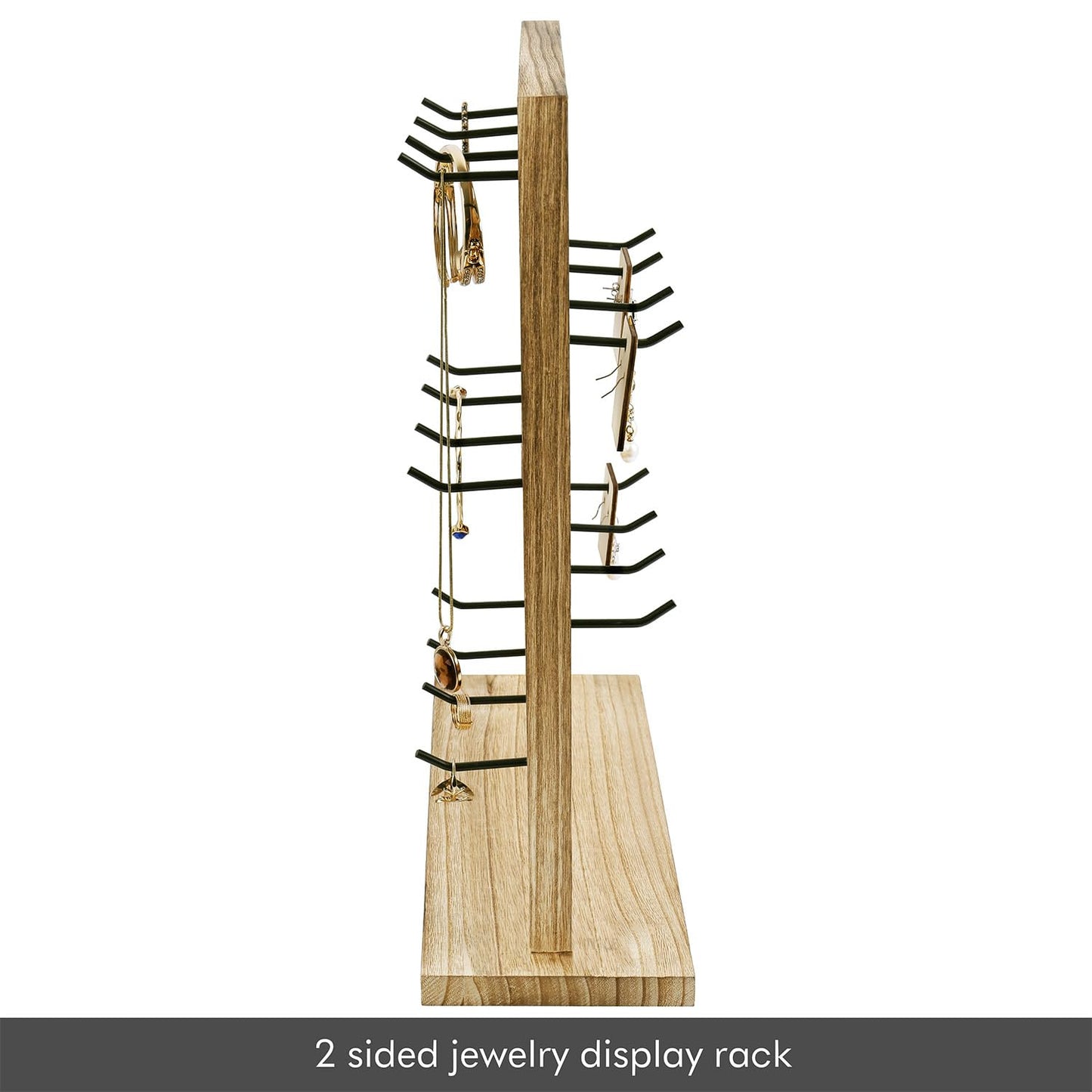 Ikee Design Free Assemble 2 Pcs Set Wooden Jewelry Display Rack with 20 Removable Metal Hooks/Each, Earring Display Holder Stand for Earring,Necklaces,Bracelet, Keychain Stand, Oak Color