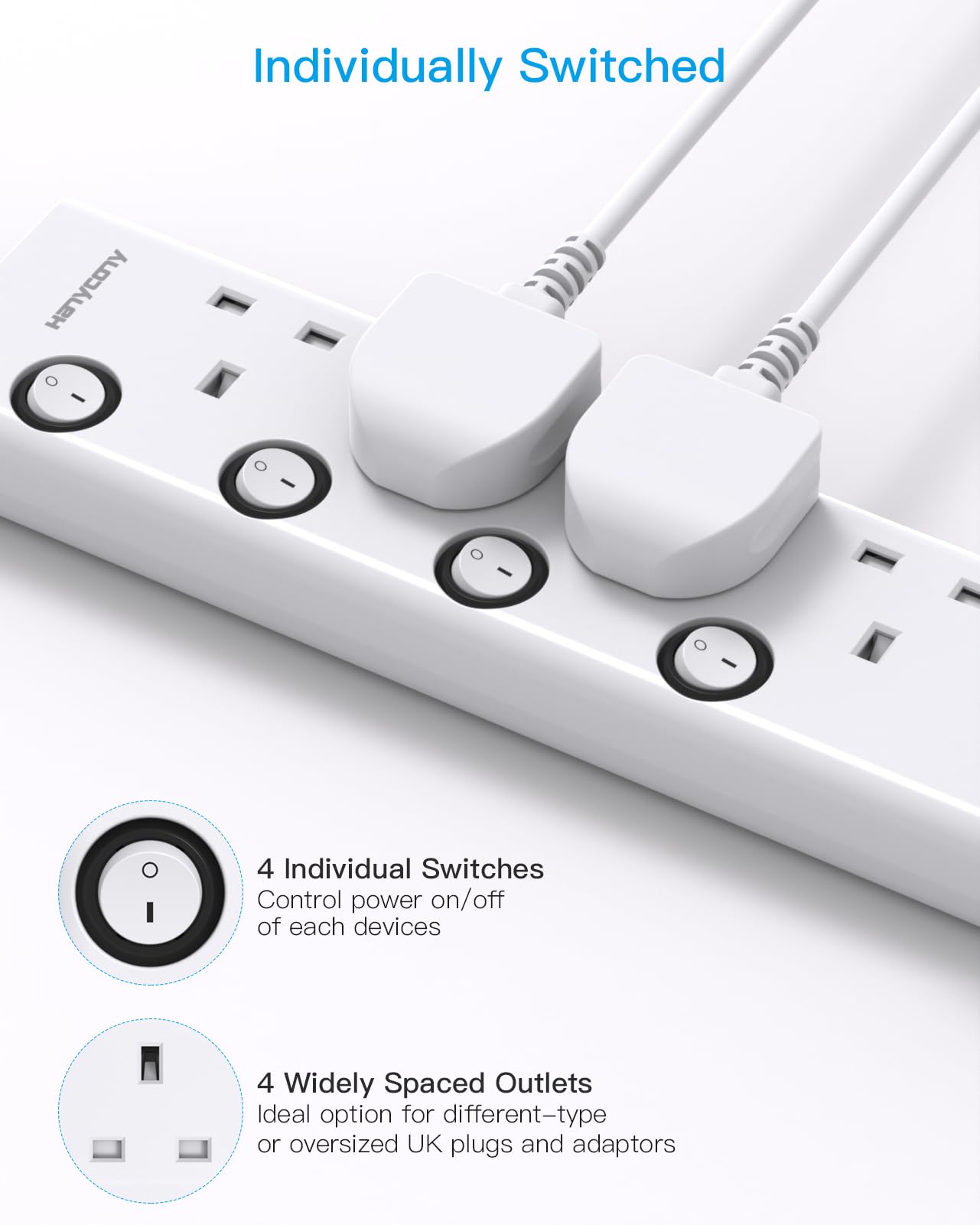 Extension Lead with USB Slots(2 USB C), HANYCONY 4 Way Plug Extension Socket with Individual Switches, 1.8M Extension Cable, Wall Mount Extension Cord, Desk Power Strip for Bedroom Office Accessories
