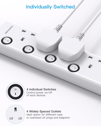 Extension Lead with USB Slots(2 USB C), HANYCONY 4 Way Plug Extension Socket with Individual Switches, 1.8M Extension Cable, Wall Mount Extension Cord, Desk Power Strip for Bedroom Office Accessories