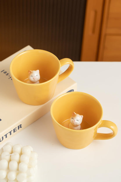 DIHOclub Cat Coffee Cup Hidden Ceramic Animal Inside Mug,Cute Cartoon Handmade Figurine Mugs,Holiday and Birthday Gift for Coffee Milk Tea Lovers,12 Oz(yellow)