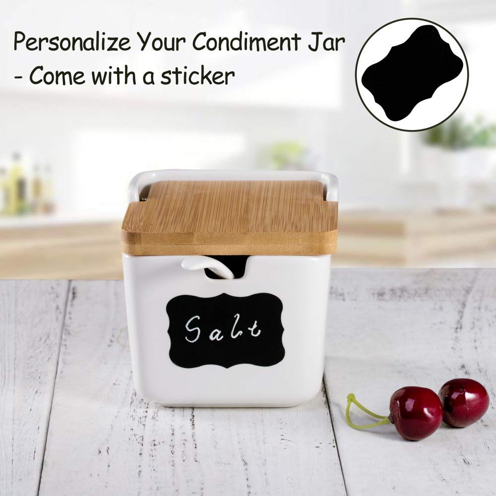 Lucky Goddness Ceramic Sugar Bowl Salt Box with Spoon and Bamboo Flip Top Lid, 9 fl oz Pepper Container Flour Box Holder Earthenware Bowl White for Housewarming Gift