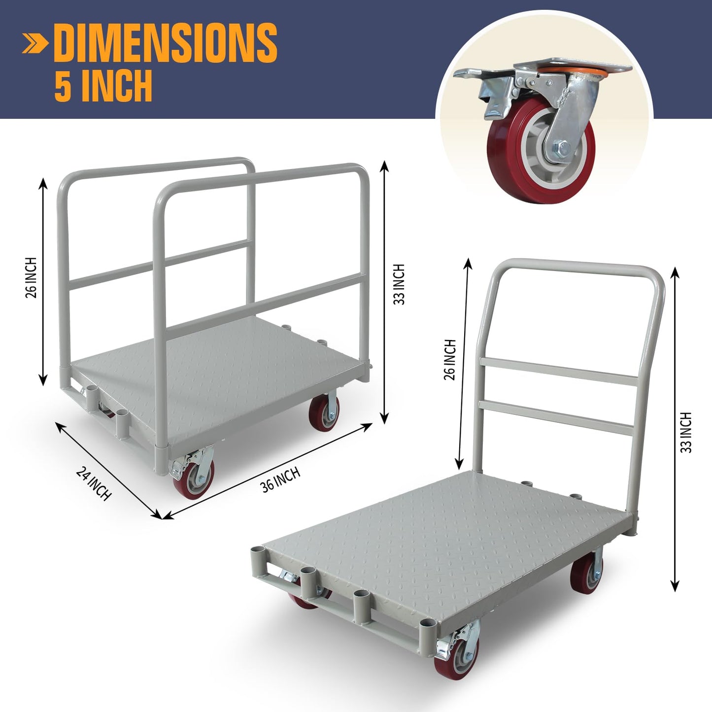 2IN1 Steel Panel Truck Cart, Lumber Cart Drywall Dolly，2500LBS Heavy Duty Flatbed Cart Dolly with 5" Swivel Brake Wheels, 2MM Plate Platform Truck with 1Front and 2Side Handrails