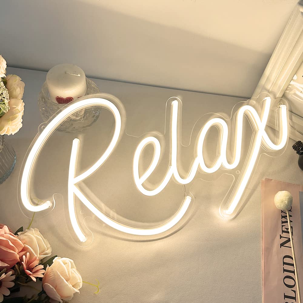 Relax Neon Sign Unique Art Ornaments with Dimmable Switch, 5V USB Powered Cool Neon Relax Signs for Wall Decor, Bedroom, Living Room, Bathroom Decoration Valentine's Day SPA Decor (Warm White)
