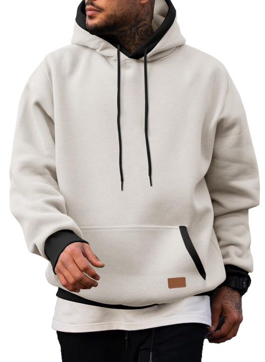 JMIERR Mens Hooded Sweatshirt Cotton Fashion Fleece Long Sleeve Drawstring Fall Shirts with Kangaroo Pocket Athletic Gym Essentials Hoodies, L, White