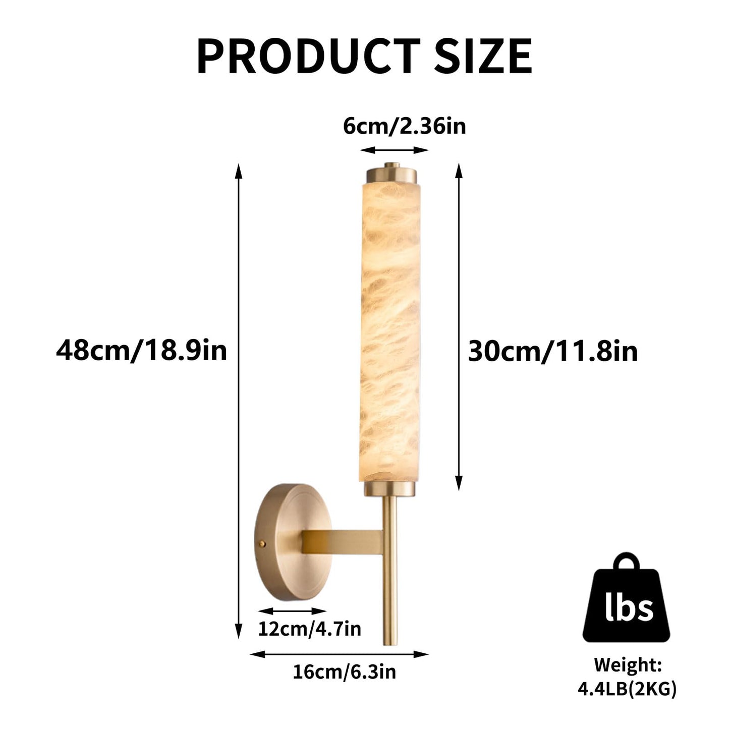 Modern Alabaster Wall Sconce, 18.9" Brass Wall Mounted Light Fixture with Cylindrical Natural Marble Shade, 3000K, LED Warm Light, Marble wall light for Bathroom Vanity, Bedroom, Living Room (Gold)