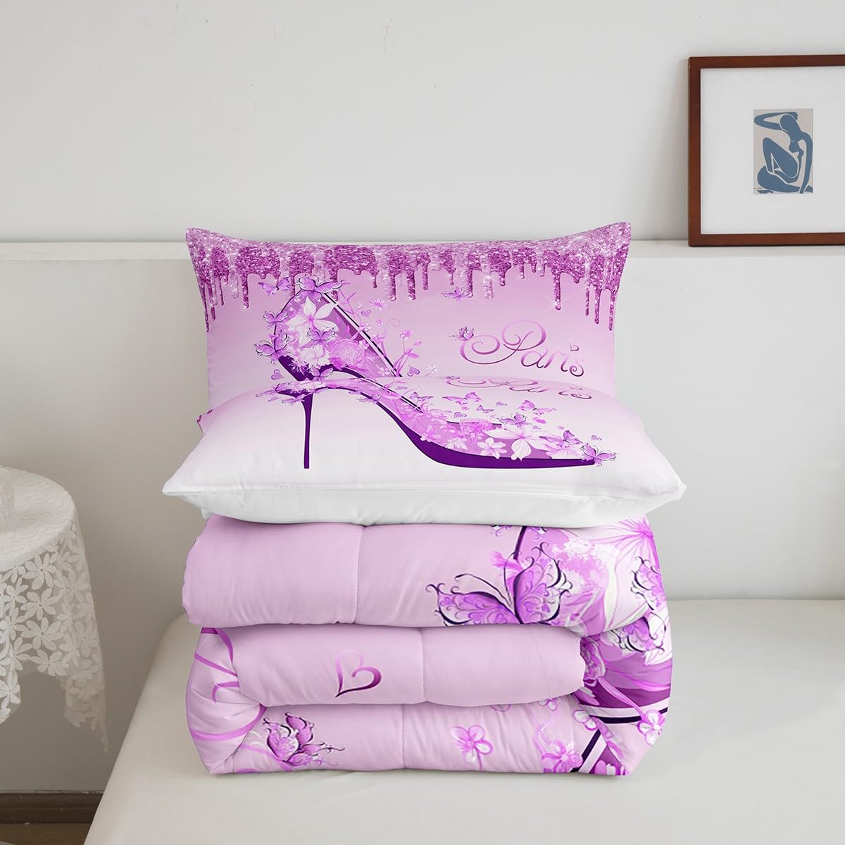 Purple High Heels Comforter Set Queen Size,Romantic Cherry Blossoms Butterfly Paris Bedding Set for Girls Woman Couple Room Decor,Fantasy Glitter Quilt Set Valentine Day Duvet Insert,3pcs