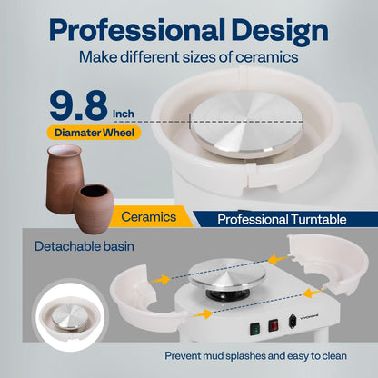 VIVOHOME 25CM Pottery Wheel Forming Machine 350W Electric DIY Clay Tool with Foot Pedal and Detachable Basin for Ceramic Work Art Craft White