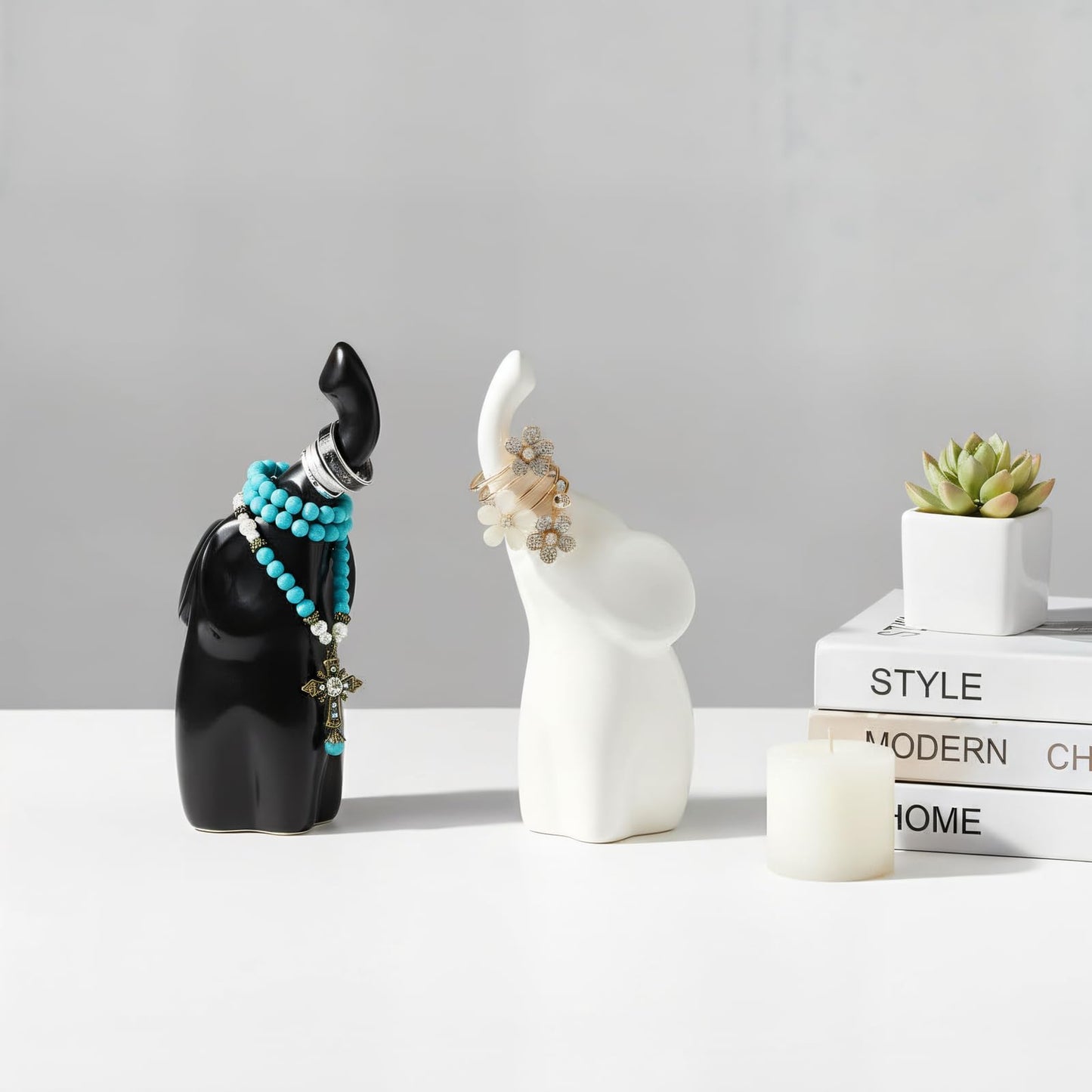ZFQGEGE Ceramic Elephant Statue Decor - 6" Black & White Elephant Ring Holder Figurines for Living Room, Bedroom, Office Shelf - Valentine's Wedding Gift Ornaments, Anniversary Home Décor Accents