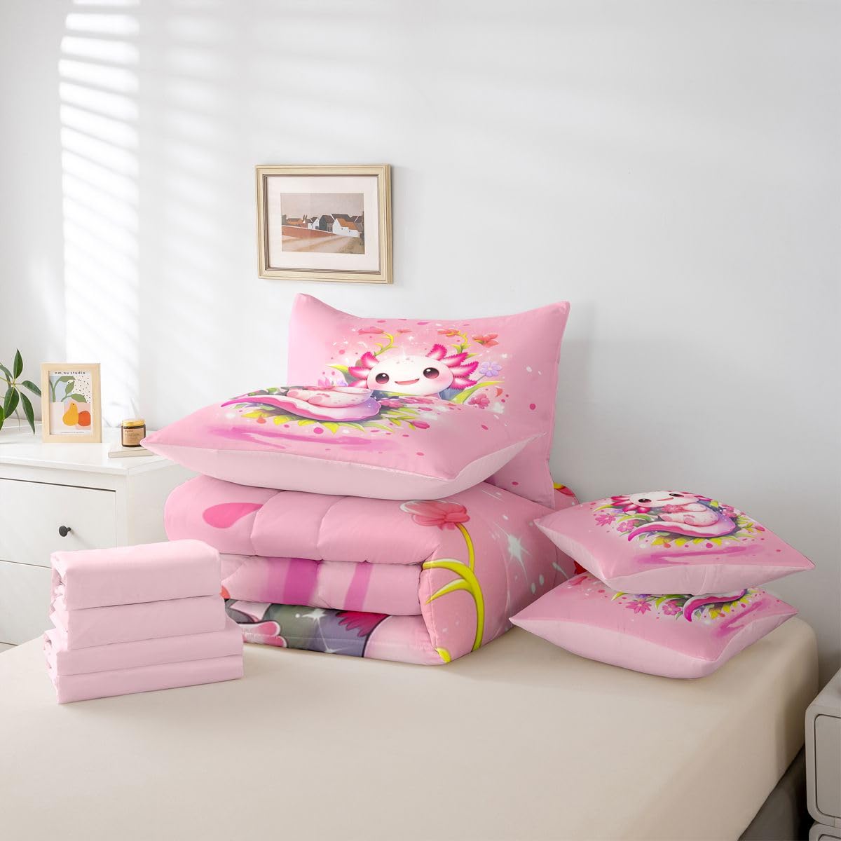 Girls Cute Axolotl Queen Bedding Set Kids Pink Floral Axolotl Comforter Set with Flat and Fitted Sheet Teens Girly Spring Petals Blossom 7-Piece Bed in a Bag Princess Dreamy Cartoon Animal Quilt Sets