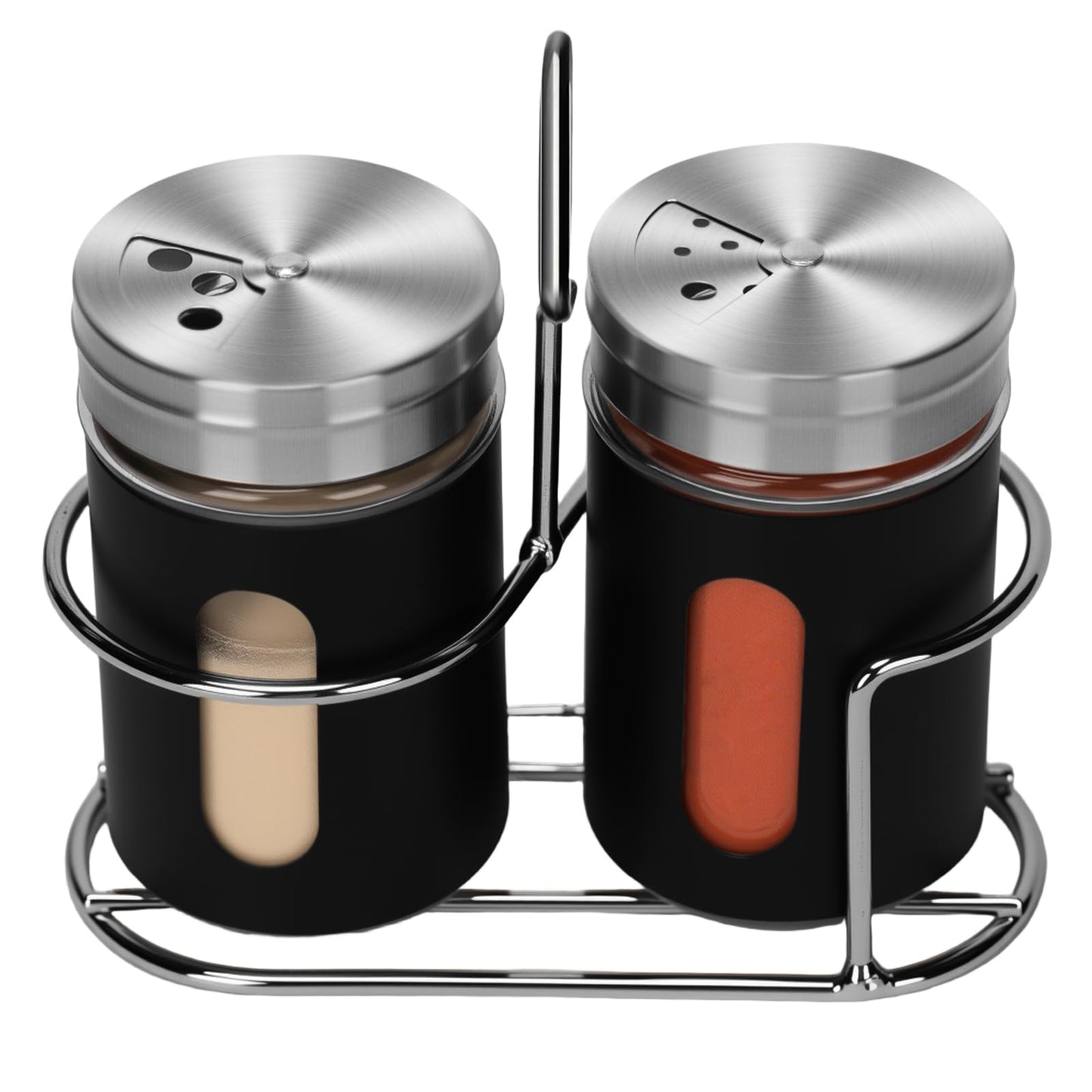 Glass Salt and Pepper Shaker Set with Seasoning Rack, Spice Rack, Adjustable Pour Hole Stainless Steel Lid, 2.8 oz, Spice Dispenser for Salt, Pepper, Spice Preservation (black)
