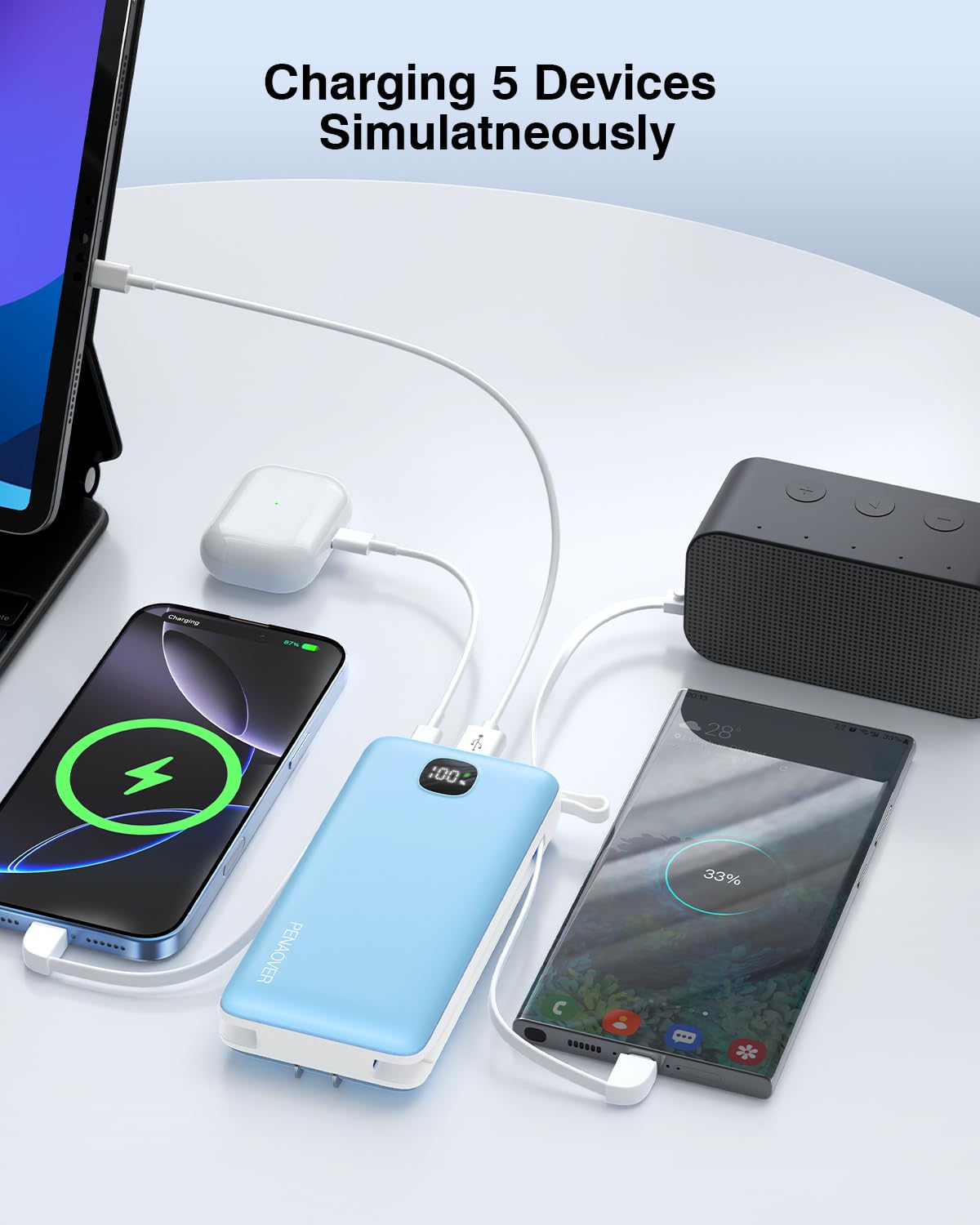Portable Charger with Built-in Cables&AC Wall Plug,Slim 10000mAh 22.5W Fast Charging Power Bank,5 Output 2 Input USB-C External Battery Pack Compatible with iPhones,Samsung,Android, etc