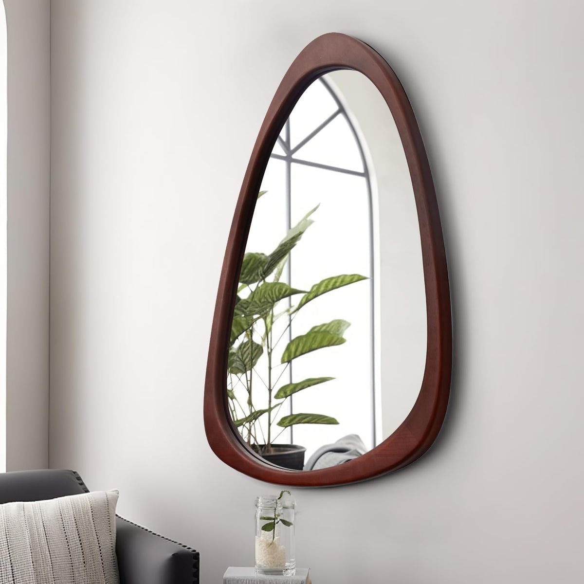 sawsile Irregular Wall Mirror for Bathroom,Wood Asymmetrical Rustic 19.5 x 30.5 inch Farmhouse Vanity Unique Walnut Decorative Large Mirror for Entryway,Bedroom,Living Room,Washroom