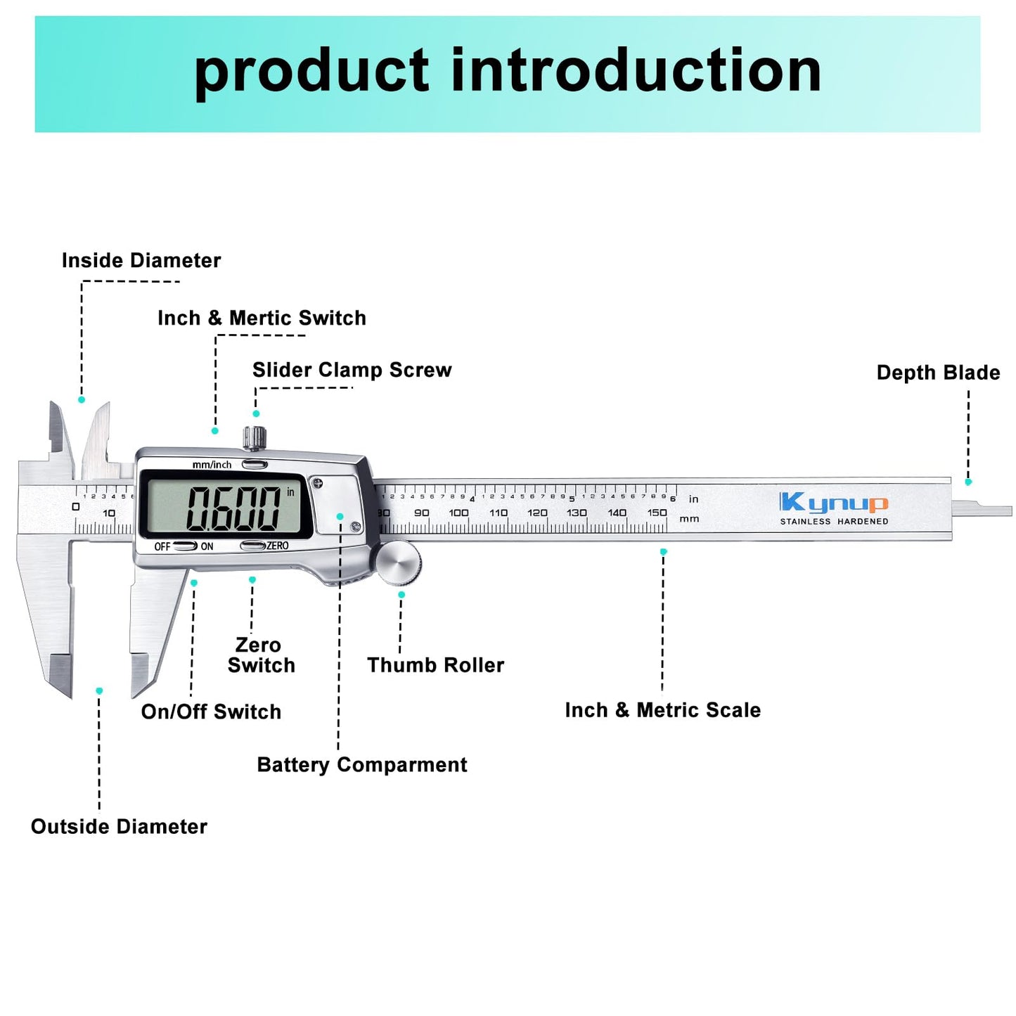 Kynup Digital Vernier Caliper, 150mm Electronic Calipers Measuring Tool, Precision Digital Tool Vernier Micrometer Measuring Tools with Mm/Inch/Fraction Conversion