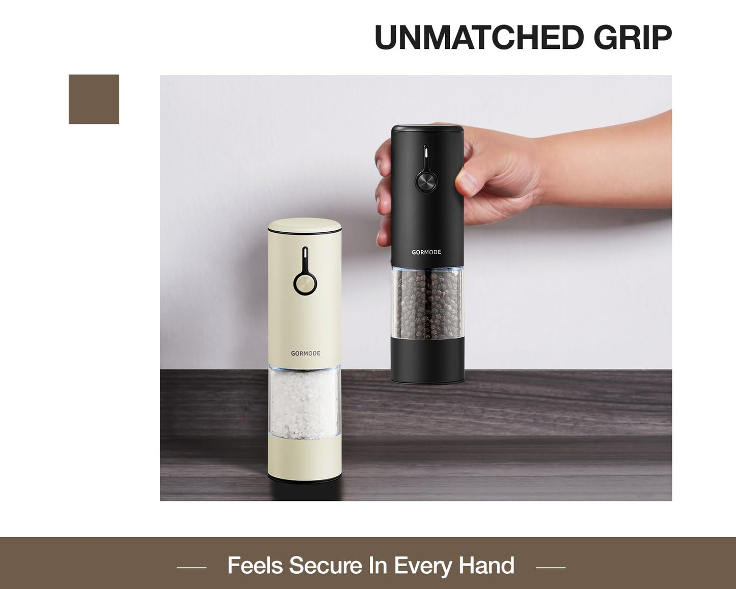 Stainless Steel Rechargeable Electric Salt and Pepper Grinder Set, USB Charging with Dust Cover, 6 Adjustable Grinding Modes + LED Light 2packBlack+Cream