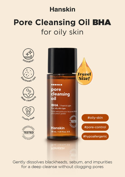 Hanskin BHA Pore Cleansing Oil, Gentle Blackhead Cleanser and Makeup Remover for Combination and Oily Skin, Korean Skincare [BHA/10.14 oz]