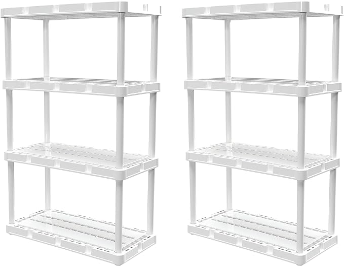 Gracious Living 2 Pack Light Duty Storage Shelves, Knect-A-Shelf 4-Shelf Ventilated Shelving Rack Organizer for Home, Garage, Basement & Laundry, White