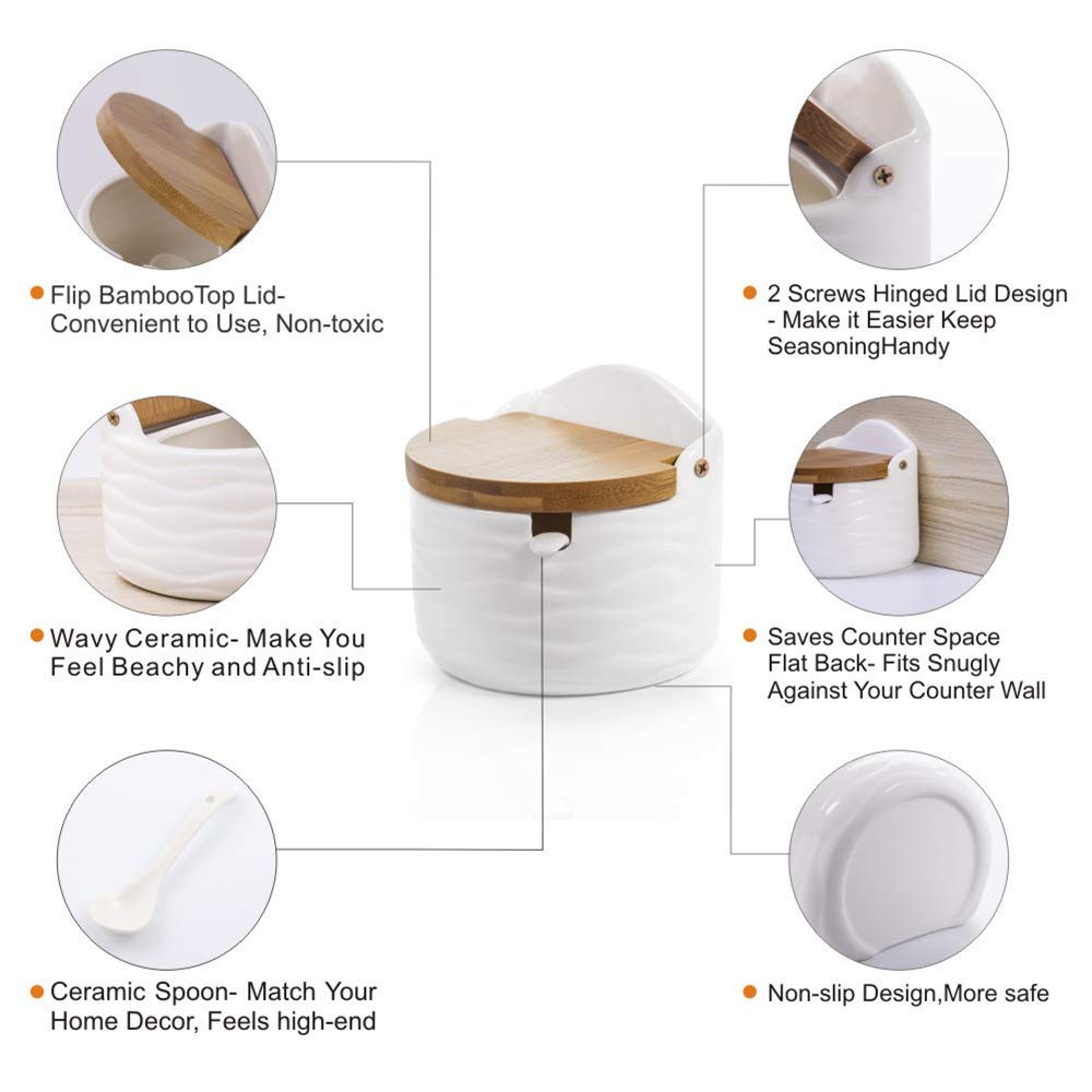 Ceramic Sugar Bowl with Bamboo Lids and Spoons Serving Tray, Porcelain Sugar Container for Sugar Tea Coffee Spice,Salt Condiment with Chalkboard Labels for Home Kitchen ,9.1 fl oz 270 ML,3PCS