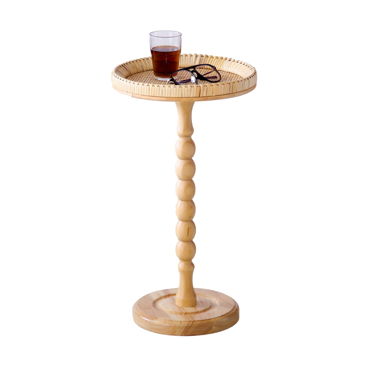 HuiDao Drink Table，Rattan Round Small Side Table for Small Spaces, Boho Circle End Table Coffee Table with Solid Wood Leg for Living Room, Pedestal Table for Bedroom, Corners