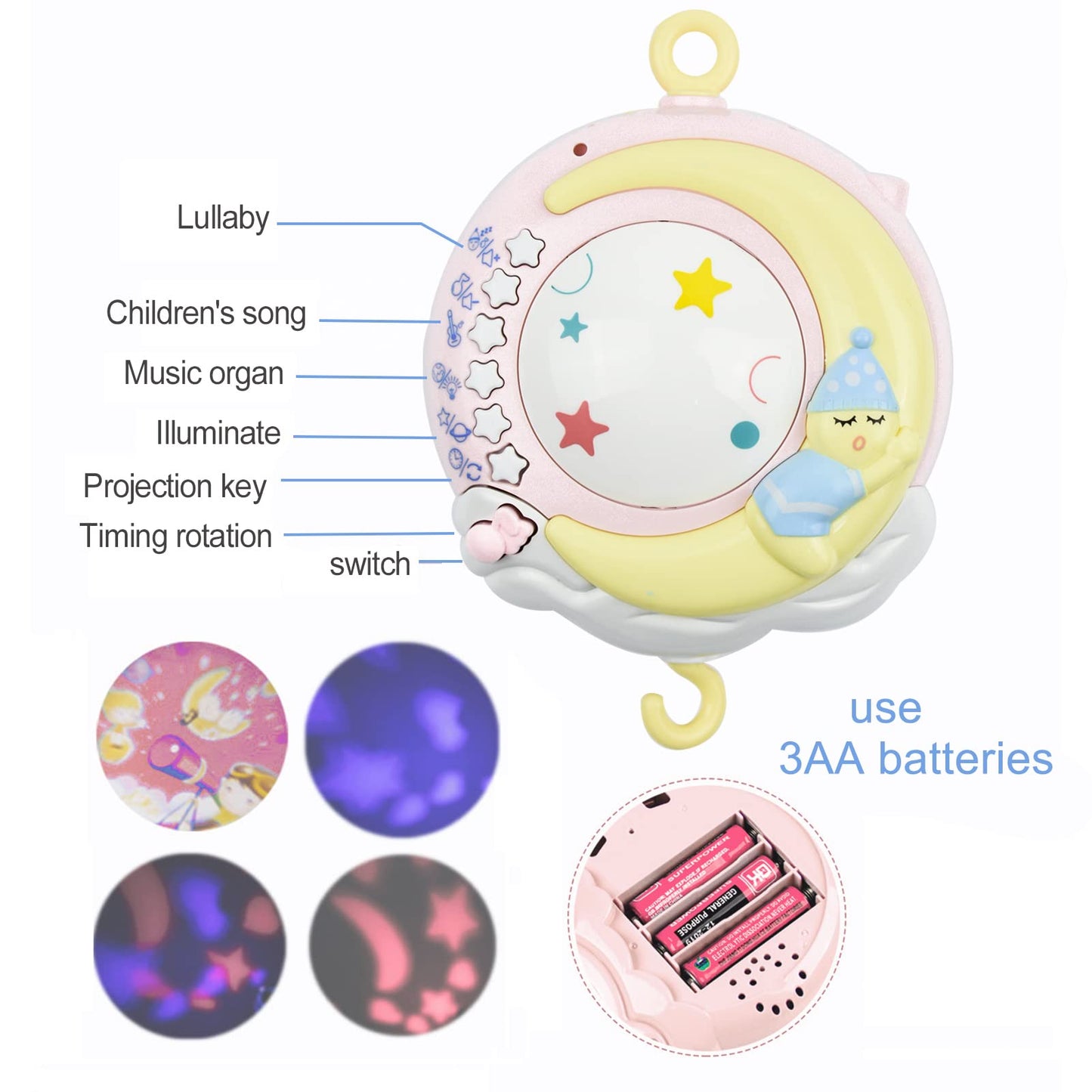 Aolkee 360° Rotating Baby Musical Cot Mobile with Lights, Hanging Rotating Rattles, Remote Control Music Box, Timing Function, Gift for Newborn Toddler