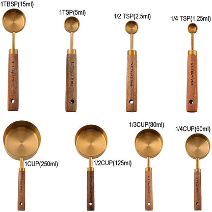 Dadamong Measuring Cups and Spoons Set of 8, Stainless Steel Gold Measuring Cups Kit with Wooden Handle, Kitchen Cooking Baking Spoons Tool Set for Solid and Liquid Iingredients