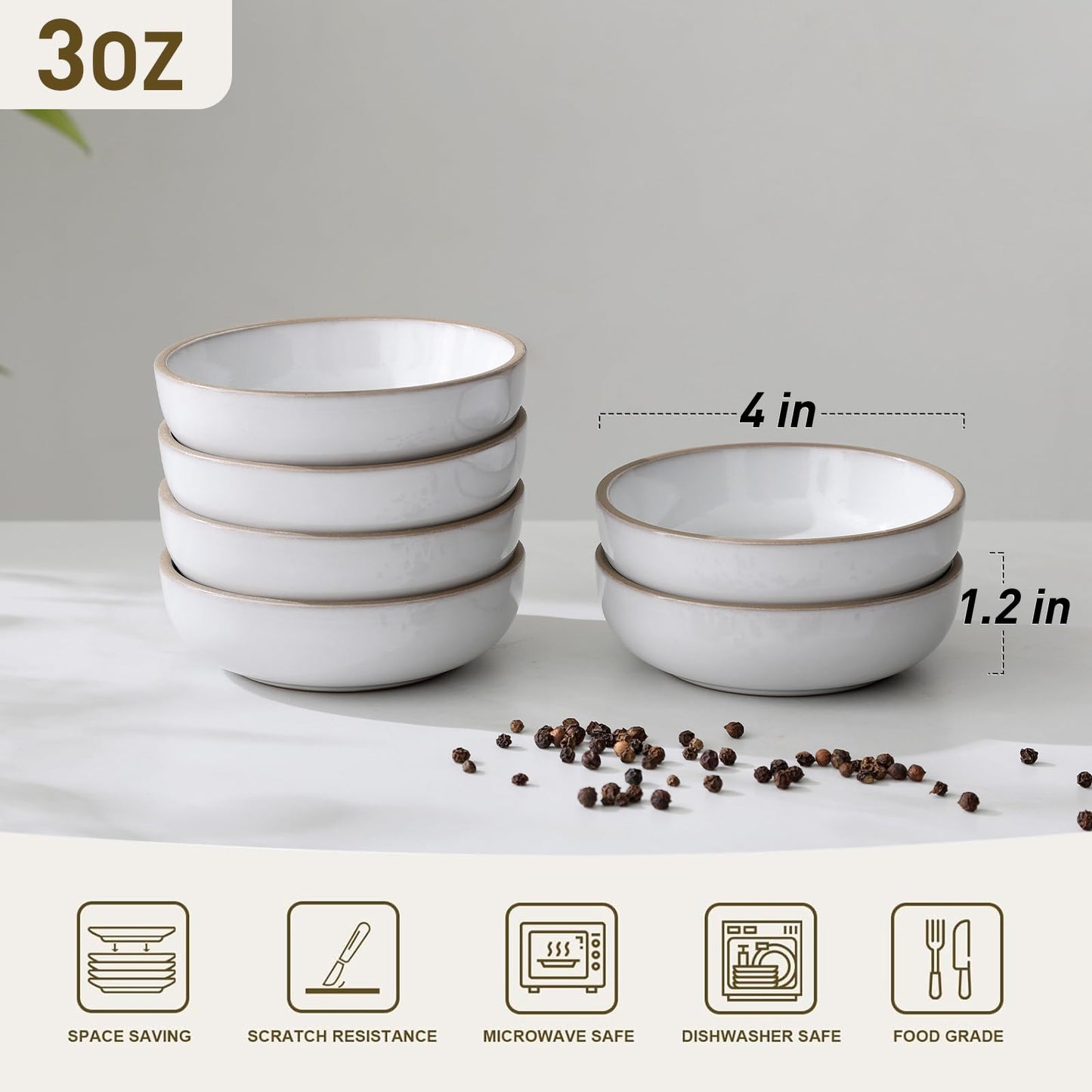famiware Nature Ceramic Soy Sauce Dish, Dipping Bowls Set of 6, 3 oz Dipping Sauce Bowls/Dishes/Cups/Plates, Small Serving Bowls for Side Dishes, Condiments, Sushi, Appetizer, Dessert, Snowy White