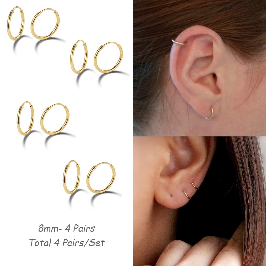 EPIRORA Silver Hoop Earrings- Cartilage Earring Small Hoop Earrings for Women Men,4 Pairs of Hypoallergenic 925 Sterling Silver Tragus Earrings(Gold,8mmx4)