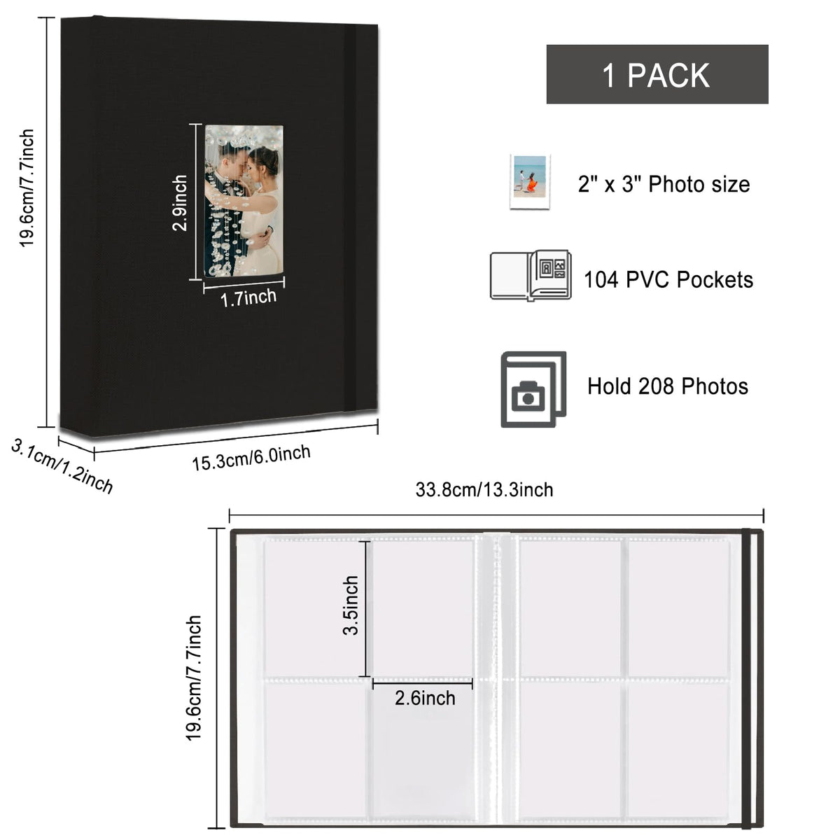 Mini Instax Photo Album 208 Photos 2x3 Inch Pictures Book for Fujifilm Polaroid Instant Camera, Linen Hardcover Polaroid Book for Photos Travel Family Anniversaries Baby Vacations Black 1 Pack