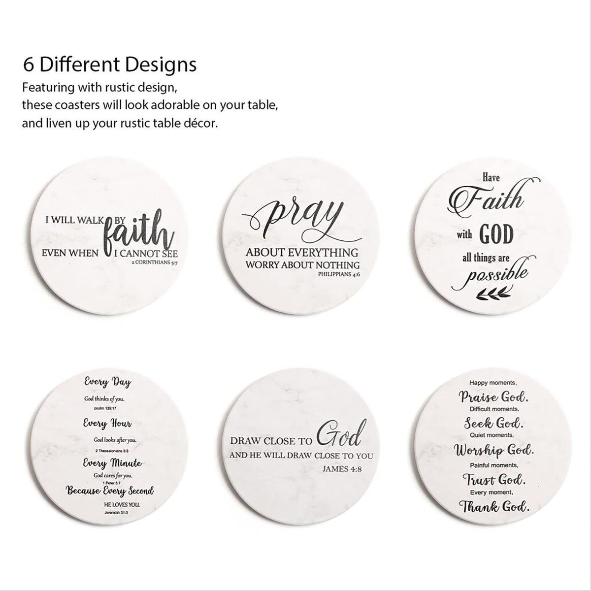 Hoomey Coasters for Drinks with Bible Verses, Set of 6 Absorbent Drinks Coasters with Holder Ceramic Drink Coaster with Cork Backing for Table Protection, Christian Coasters, Christian Gifts