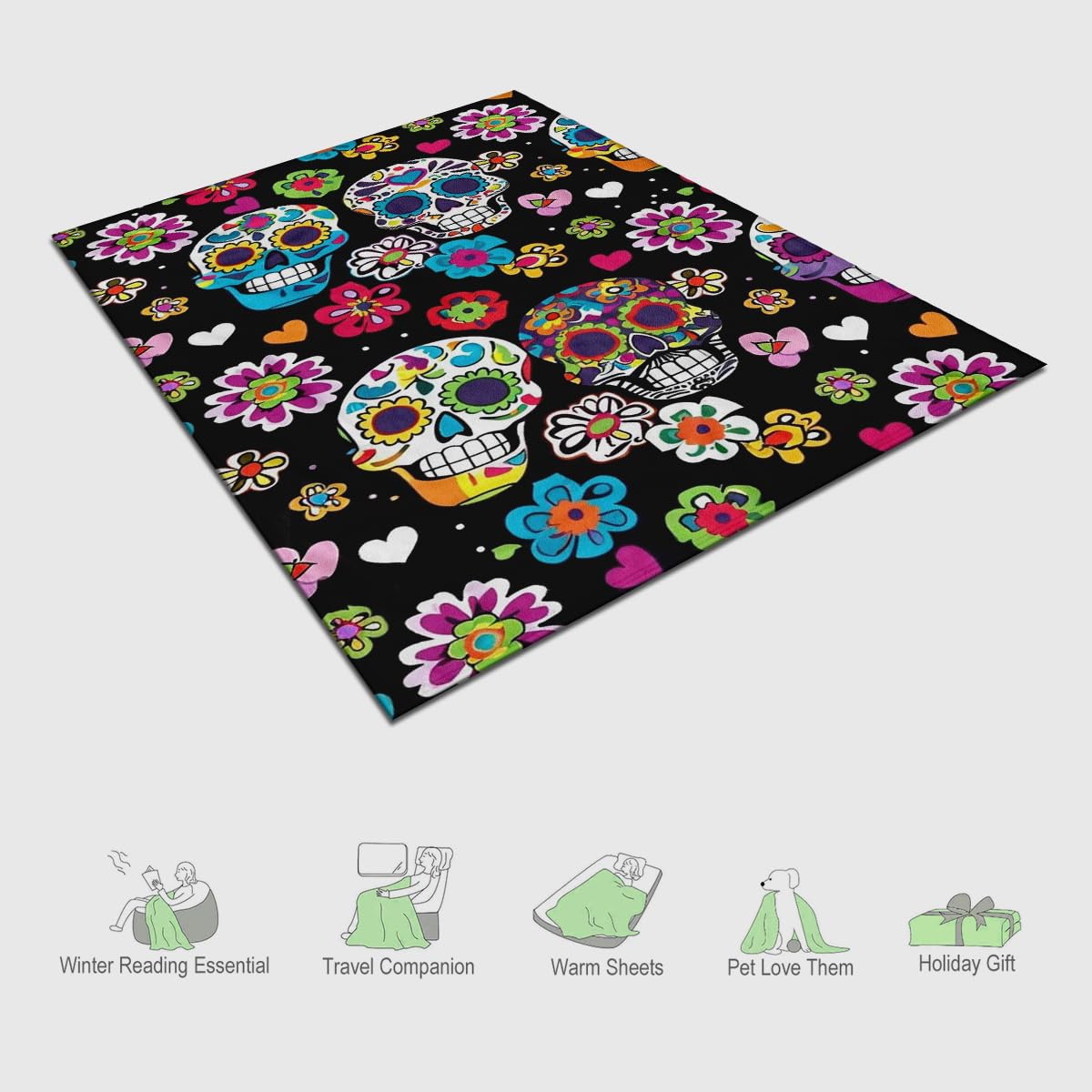 EENSYWEENSY Sugar Skull Throw Blanket, Mexico Colorful Flowers, Halloween Blankets Fuzzy Gifts for Sofa Couch Bedroom (40“ x 30”)