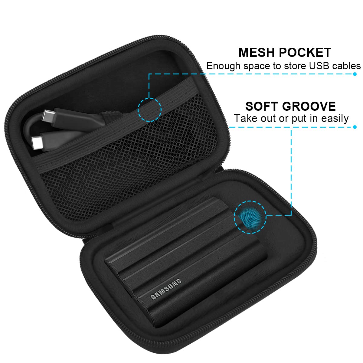 Lacdo Hard Carrying Case for Samsung T7 Shield / T7 / T7 Touch Portable Solid State Drives 500GB 1TB 2TB 4TB USB 3.2 External SSD Hard EVA Shockproof Storage Travel Bag, Black+Black