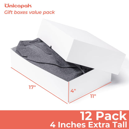UnicoPak 12 Pack XLarge White Gift Boxes with Lids for Presents, 4-inch Deep Robe Boxes, 17x11x4 Inches