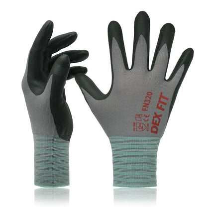 DEX FIT Nitrile Work Gloves FN320, 3D Comfort Stretch Fit, Power Grip, Durable Foam Coated, Thin & Lightweight Premium Nylon, Machine Washable, Grey 9 (L) 3 Pairs