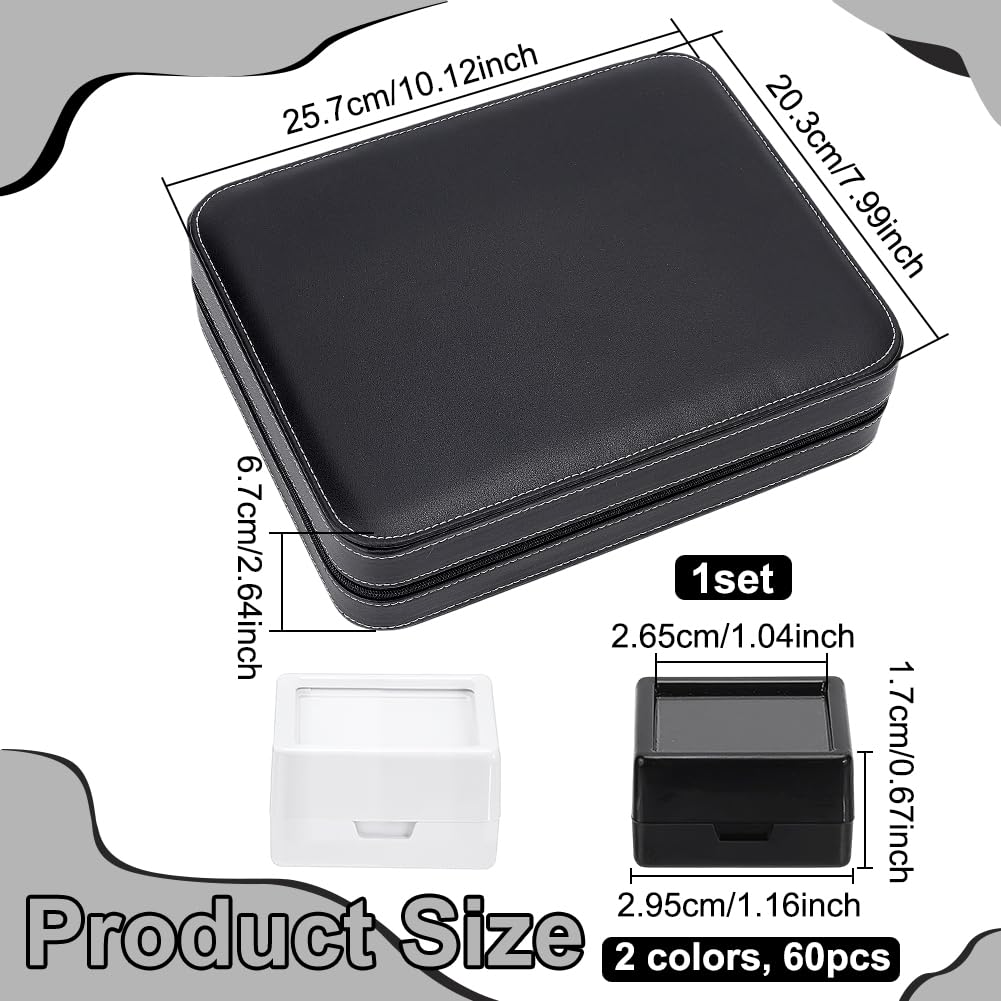BENECREAT 60Pcs Gemstone Collection Storage Box Set, Jewelry Display Case with 1.16inch Plastic Containers & Durable PU Leather Cover for Professional Organizing