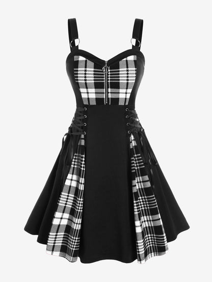 Rosegal Gothic Lace Up Plaid Half Zipper Fit and Flare Gothic Dress(White_1/2X)