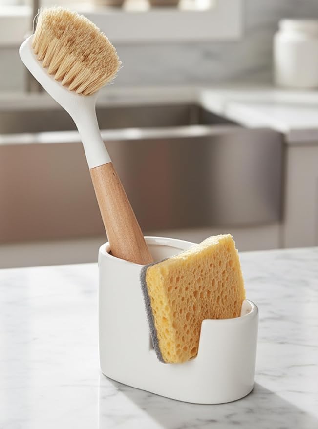 2-in-1 Ceramic Sponge Holder, Dish Sponge and Brush Holder