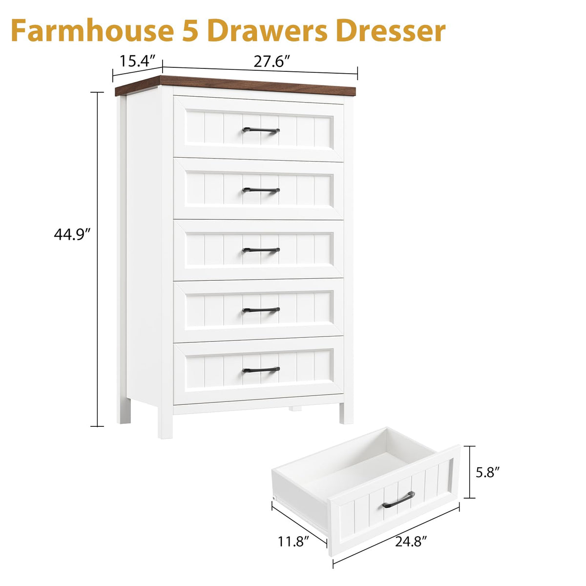 Jocoevol 5 Drawer Dresser for Bedroom - Farmhouse 44.9" Tall Chest of Dresser with Large Storage, Rubst Wood Construction for Living Room, Hallway & Entryway - White (White & Brown)