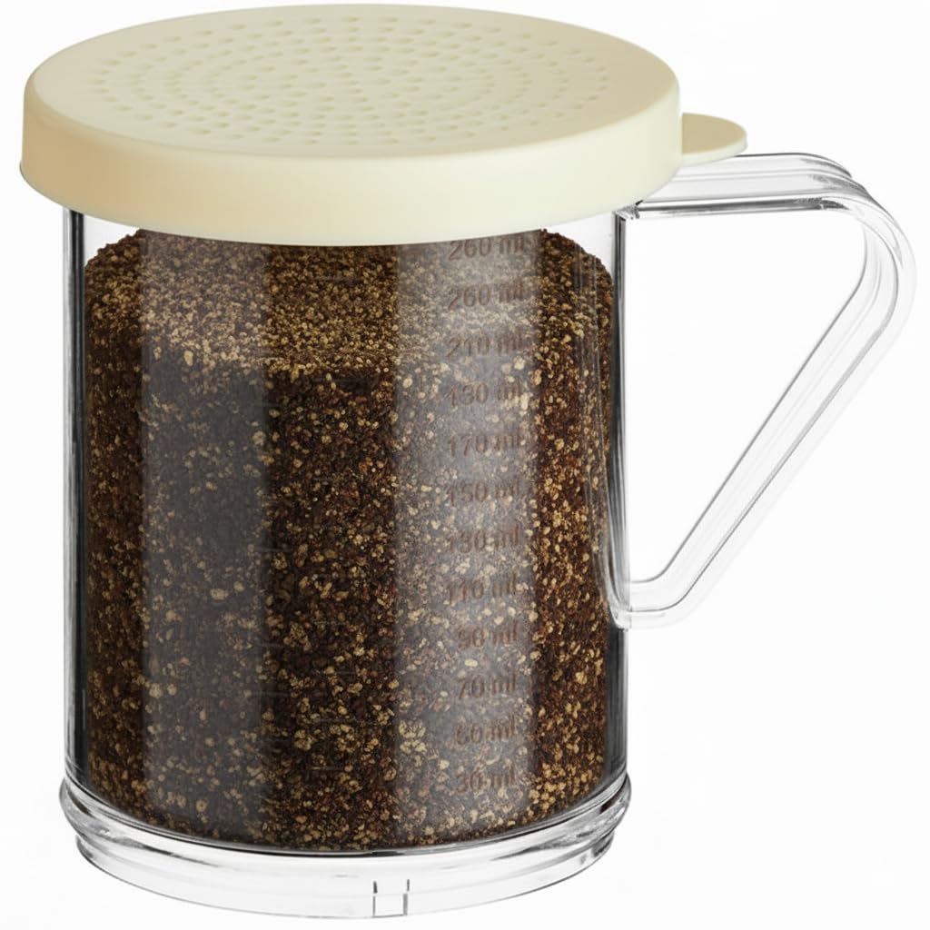 6-Pack 10 oz Polycarbonate Spice Shakers with Beige Lids, Durable Plastic Shaker Set with Measurements & Secure Handle for Finely Ground Spices, Seasonings, & Powder, 2 mm Perforated Lid (6)