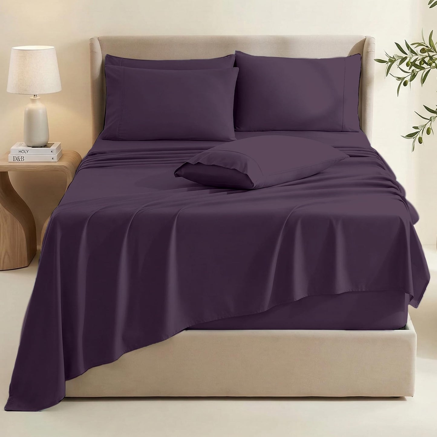 Hearth & Harbor Extra Deep Pocket Queen Sheets Sets - Fits Mattress 18-24 Inches Deep - Extra Deep Pocket Sheets - 6 Piece Queen Size - Eggplant