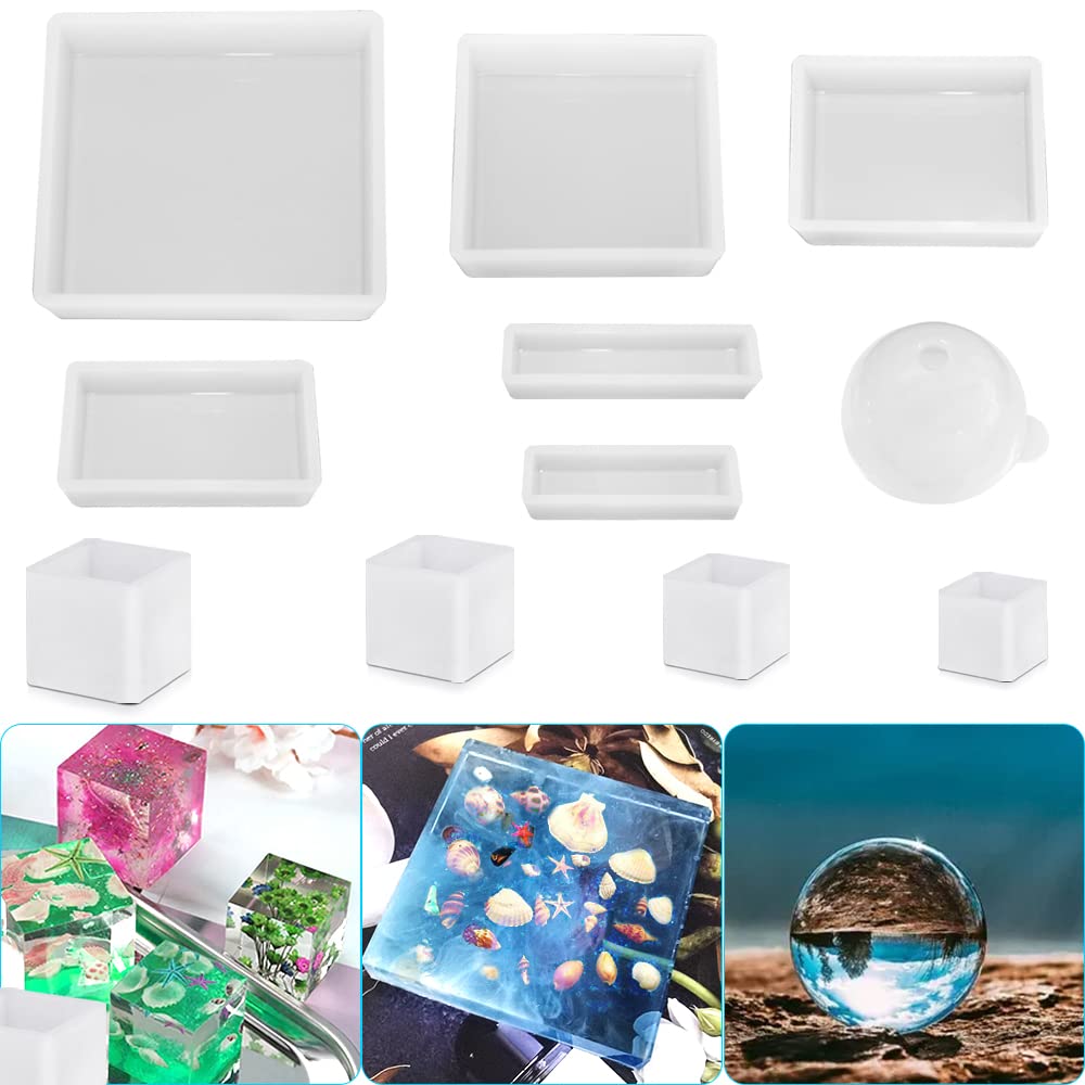 11 Pcs Resin Molds, FineGood Square Silicone Molds for Epoxy Resin Ball Epoxy Resin Molds DIY Cube Box Resin Casting Molds for Jewelry Soap Dried Flower Specimen