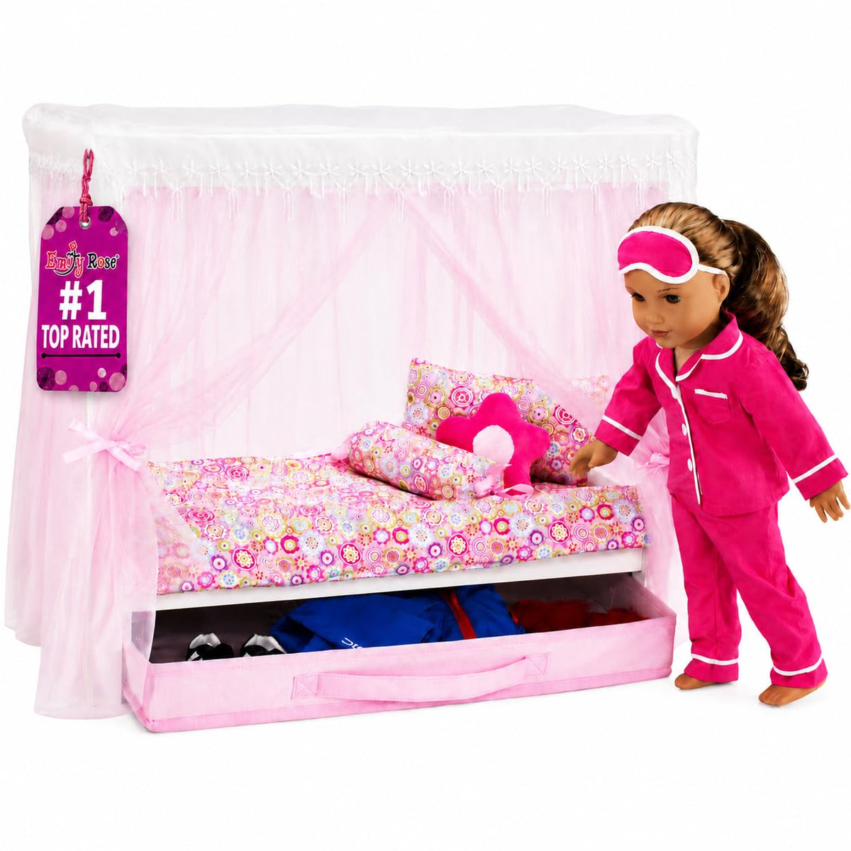 Emily Rose 18" Doll Princess Canopy Bed - White Wood with Pink Tulle Curtains, 5-PC Bedding Set & Storage Drawer - Fits American Girl Dolls - Royal Bedroom Furniture