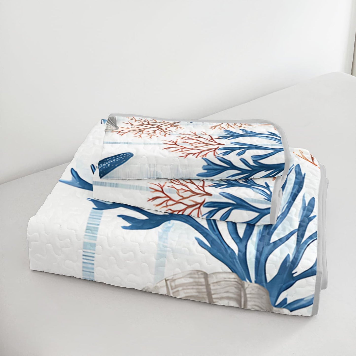 UEVBF Starfish Coastal Bedding Quilt Sets Queen Size,Summer Shell Blue Coral Nautical Bedding Quilt with 2 Pillowcases,Beach Themed Soft Lightweight Quilted Set.