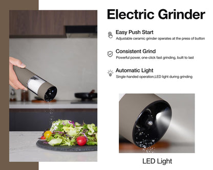 Stainless Steel Rechargeable Electric Salt and Pepper Grinder Set – USB Charging, One-Hand Electric Mill, Adjustable Coarseness, LED Light & Dust Cover –2pack(Greige & Buttercream)