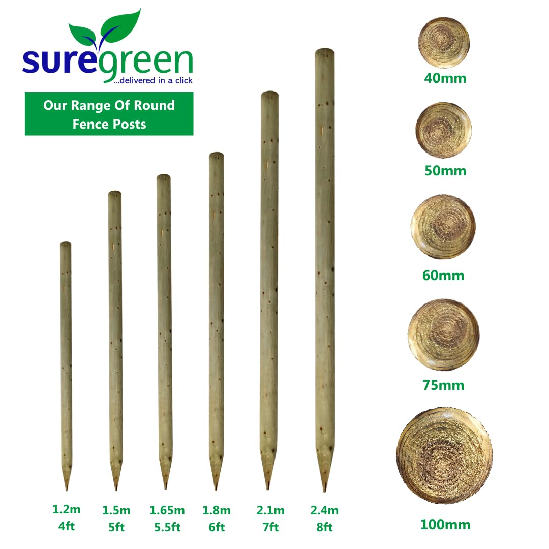 Suregreen Round Fence Posts | 1.5m (5ft) x 50mm | Pack of 10 Green Treated Wooden Stakes for Fencing, Tree Support, Garden Borders & Landscaping Projects