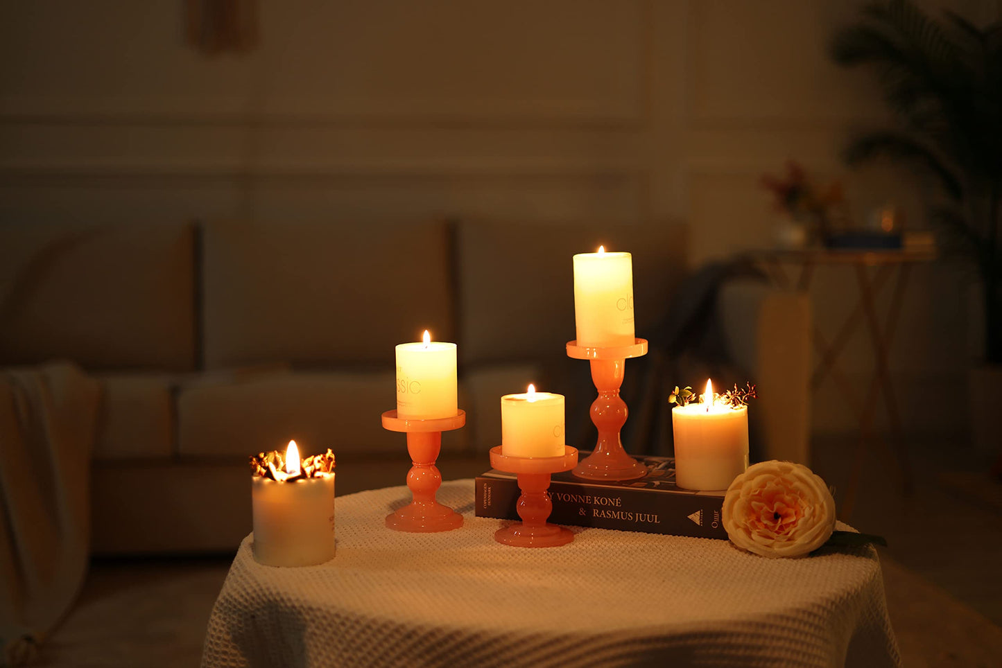 GMWD 3 Pcs Glass Candle Holder Set Clear, Pink Candlesticks Holders Pillar Taper Candles Tealight Stand for Wedding Centerpieces Home Decorations Dining Table