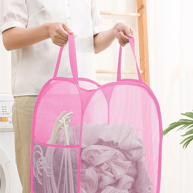 Portable Mesh Pop Up Laundry Hamper Pink Vertical Collapsible Laundry Basket