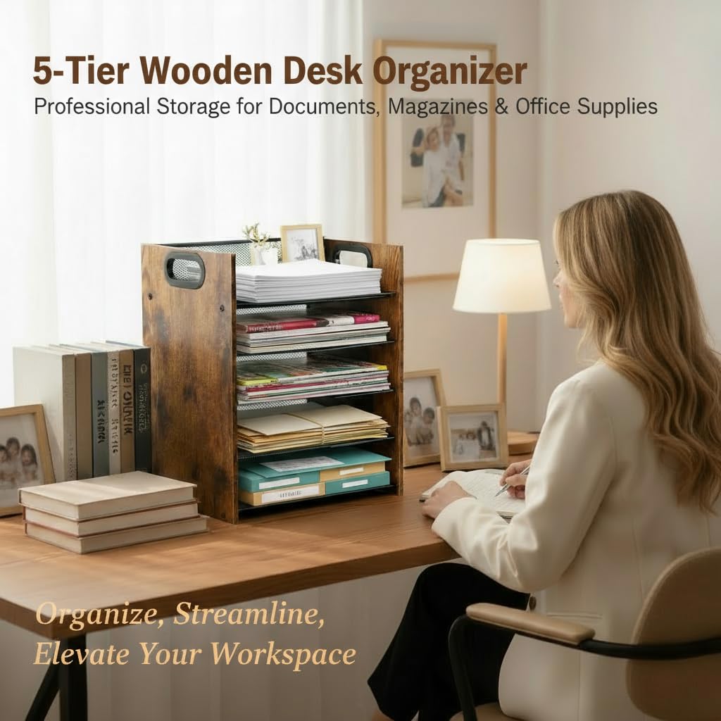 Boershun Wood Desk Organizer - 5-Tier Desktop File Organizer, Wooden Paper Tray, Office Desk Organzier and Accessories for Papers, Mail, Notebooks, Stationery