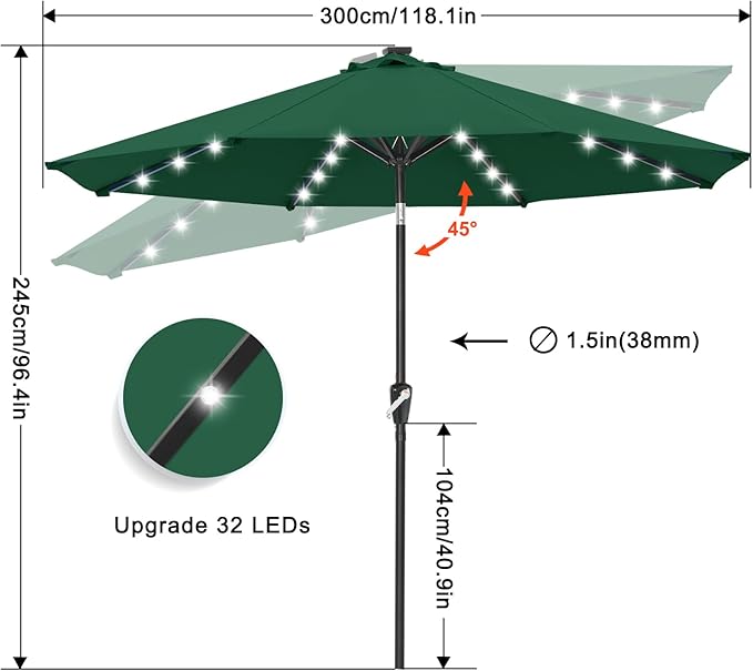 ABCCANOPY 10FT Durable Solar Led Patio Umbrellas with 32LED Lights (Green)