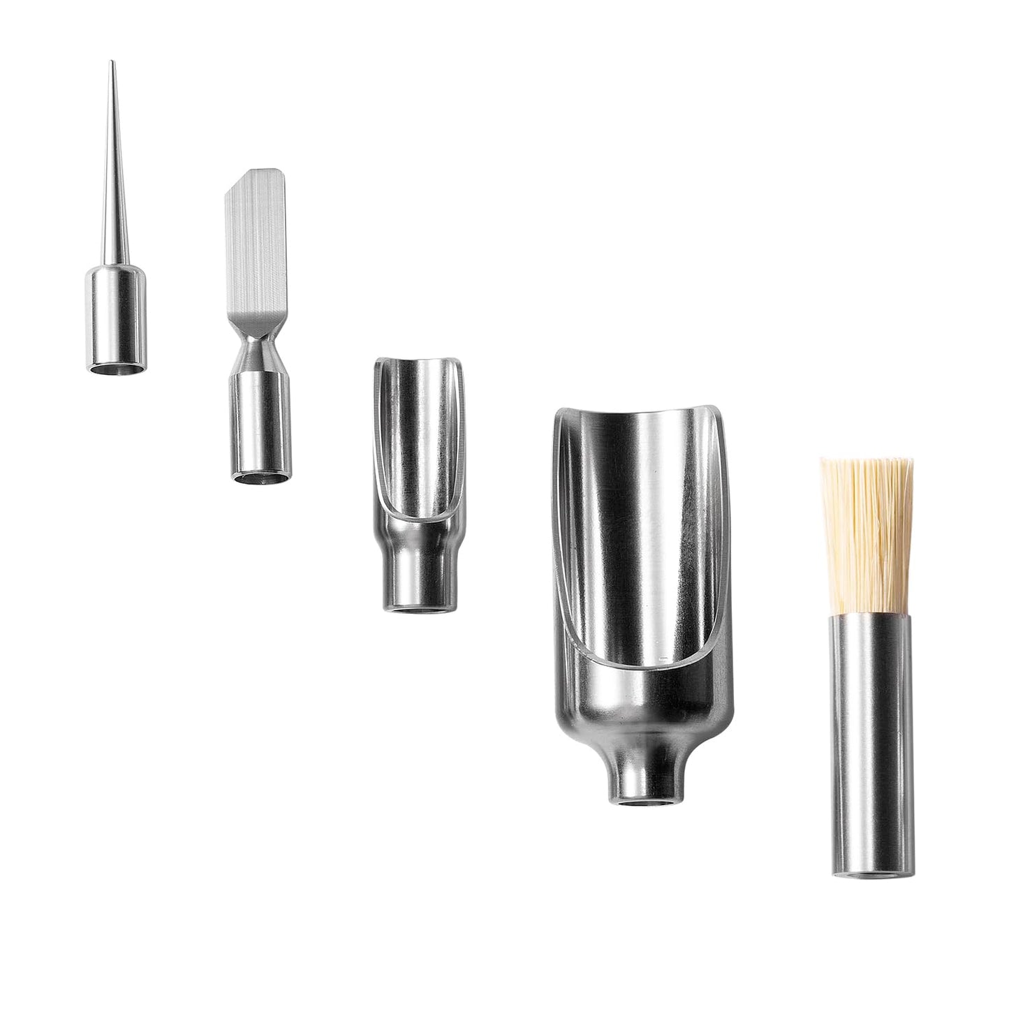 5Pcs tool kit including metal poker,scraper,mini scoop,large scoop,brush,crafted from SS304 with detachable wooden handles storage bag for versatile use sugar salt powder spices and cleaning