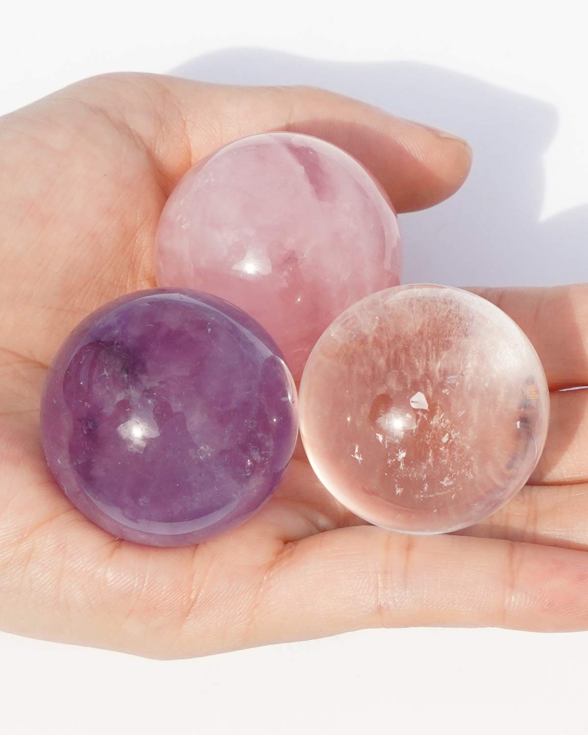MIMOSA Crystal Spheres Set of 3,Amethyst/Rose Quartz/Clear Quartz